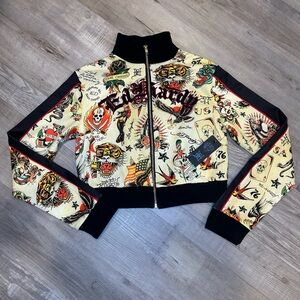 Ed Hardy Women M Embroidered Allover Graphic Print Cropped Full Zip Track Jacket